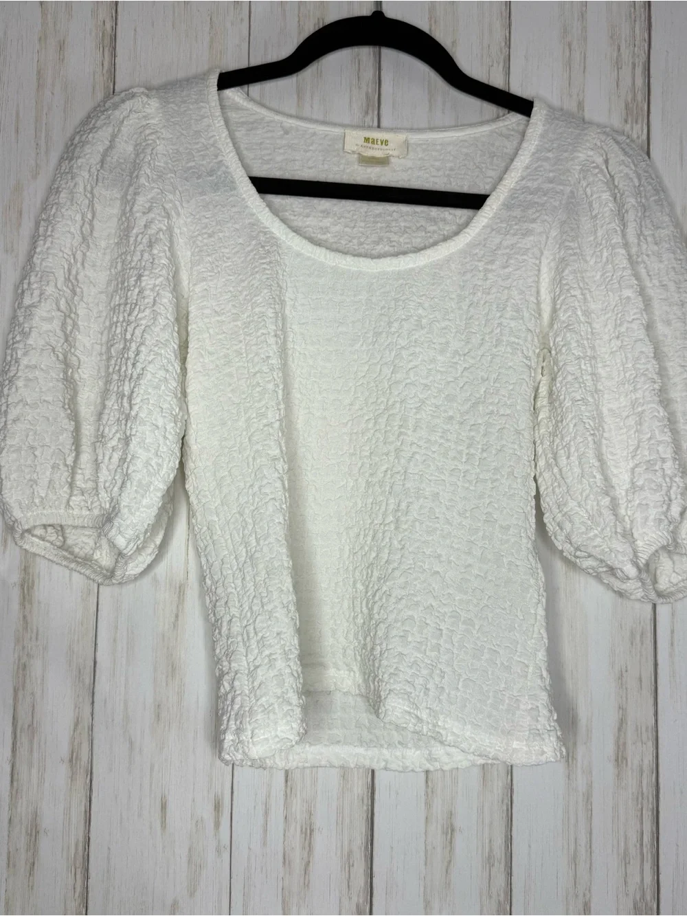 Anthropologie Maeve White Textured Puff-Sleeve Top XS